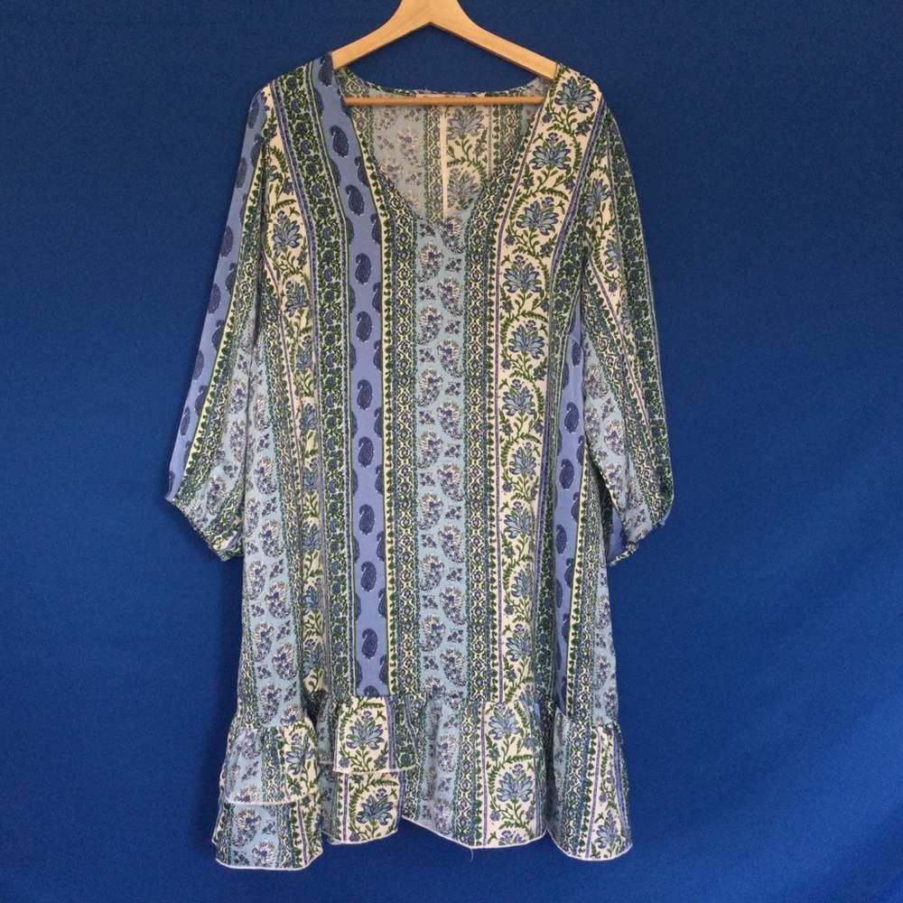 Dex 1X Ruffle trim Midi Paisley Print Blue Dress